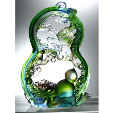 開運陶源  琉璃 福祿葫蘆 大富大貴 洪福齊天 (附水晶台座)