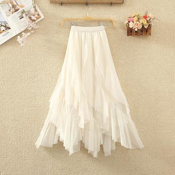 不規則網紗半身裙女春夏新款高腰中長款荷葉邊裙子拼接紗裙A字裙