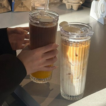 ✨臺彎出貨✨絢青玻璃杯大容量ins風帶蓋吸管杯果汁飲料咖啡杯辦公水杯子男女 CGQC