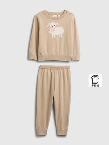 嬰兒裝 純棉刺繡圓領長袖長褲針織家居套裝-卡其色