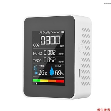 五合一氣體檢測儀 CO2/甲醛HCHO/TVOC/溫度/溼度 LCD數顯彩屏二氧化碳檢測儀 半導體傳感器（內置電池）白色