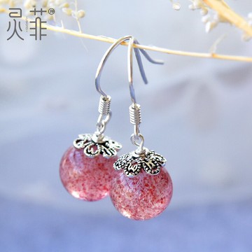 天然草莓晶耳墜女S925銀簡約個性氣質耳釘粉色水晶耳環小巧冷淡風