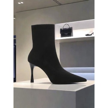 CHUREN&KENET小眾瘦瘦靴高跟針織春秋單靴子尖頭襪靴鞋彈力短靴女