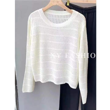 法式鏤空針織毛衣女2025新款打底衫寬松顯瘦圓領短款長袖罩衫上衣