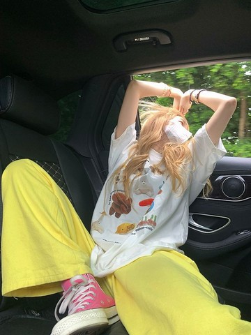 韓系可愛卡通貼紙印花短袖t卹女小眾設計感寬鬆百搭體恤潮