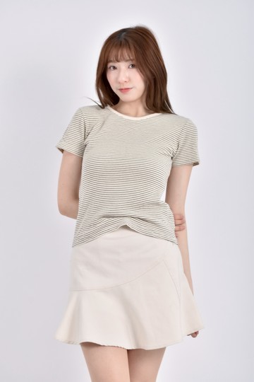 (S) de ondo質感條紋杏色短袖上衣