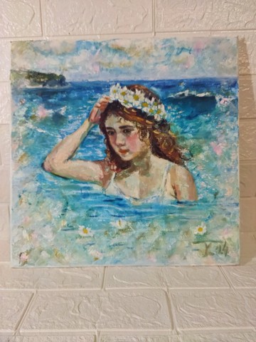 布面油畫海洋 40x40 公分。