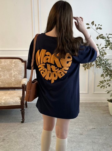 日本 GRL - [人氣款]愛心英文印花長版短袖T恤-海軍藍 (F)