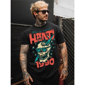 暗黑高街朋克風骷髏頭印花做舊水洗短袖T恤男女ins嘻哈街頭百搭上