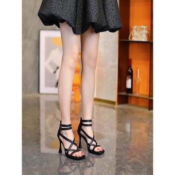 羅馬涼鞋女2025夏季新款方頭露趾細跟一字帶配裙子氣質百搭高跟鞋