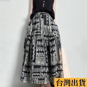 🌈台倉出庫🌈 歐美設計複古印花半身裙拚接夏季新款時尚百搭褶皺顯瘦過膝長裙女 波西米亞度假風高腰沙灘裙 大擺中長款半身