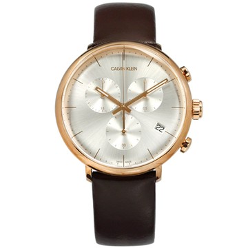 CK 礦石強化玻璃 三眼計時 日期 夜光 瑞士製造 皮革手錶-銀x玫瑰金框x咖啡/43mm
