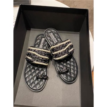 2025夏季時尚新款黑色珍珠鏈條套趾平底涼鞋小香風拖鞋女外穿