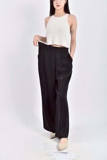 (XL) bowen高腰質感鬆幾腰寬黑色長褲