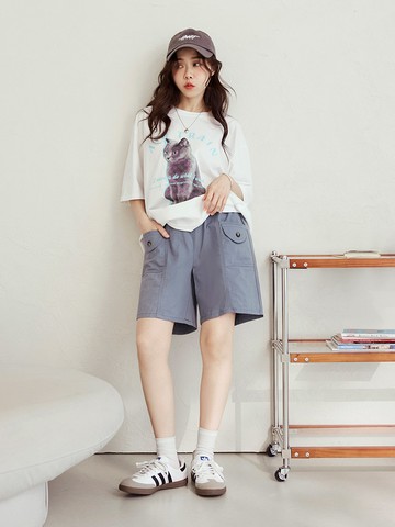 高含棉鬆緊腰鈕釦造型多口袋短褲/五分褲