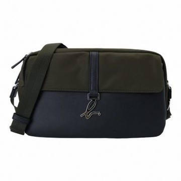 agnes b.-銀b .logo皮革拼接尼龍翻蓋斜背包(茶褐色)中