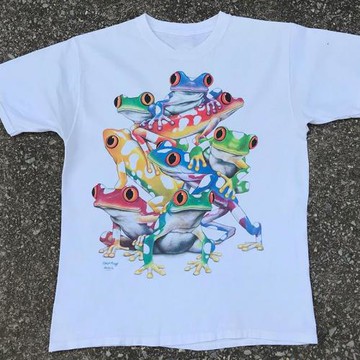 青蛙油畫潮牌印花短袖ins美式街頭oversize阿美咔嘰男女款T恤潮