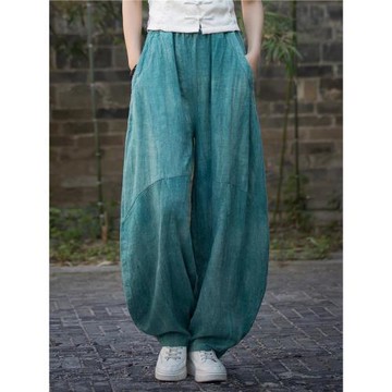 高端品牌燈籠褲女秋苧麻扎染寬松闊腿休閑褲禪意復古太極練功長褲