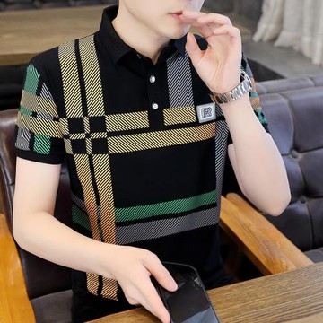 彩色條紋t恤男夏季高端時尚青年短袖polo衫純棉撞色翻領上衣服潮T