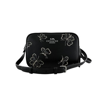 COACH仿刺繡亮粉亮片燙印蝴蝶皮雕黑色皮革斜背相機包