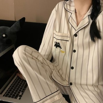 情侶睡衣春秋季新款純棉長袖可愛黑貓韓版高級感條紋可外穿家居服