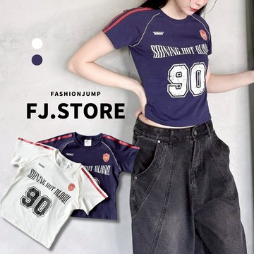 【FJstore】90斑駁合身短版短T 短踢 圓領 短袖上衣 女生短版上衣