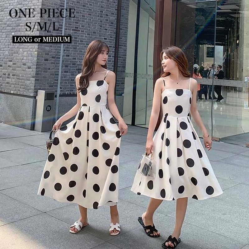 キャミワンピース 水玉ドット柄 ハイウエスト モノトーン ロングマキシワンピ ミディアムひざ丈ワンピ 選べる2種類 可愛い お洒落 Sml 通販 Lineポイント最大0 5 Get Lineショッピング