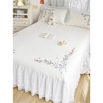 夏季加厚乳膠冰絲涼席三件套床裙款高端繡花床罩可機洗空調軟席子