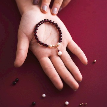 石榴石珍珠6mm手鍊 | 14K包金不掉色14KGF酒紅石榴石天然水晶手鏈