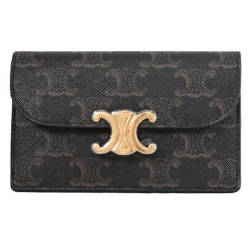 CELINE TRIOMPHE 品牌金屬LOGO印花款翻蓋式長款零錢卡包(深咖)