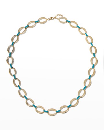 Yellow Gold Full Chunky Chain Necklace with Blue Enamel