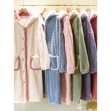 加厚長毛絨睡袍女秋冬季中長2024年新款睡衣珊瑚絨可外穿連帽浴袍