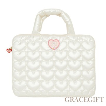 【Grace Gift】CareBears-鑽石小熊珍珠愛心空氣電腦包 米白