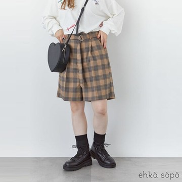 ehka sopo  素色/格紋線條壓摺腰帶造型短褲