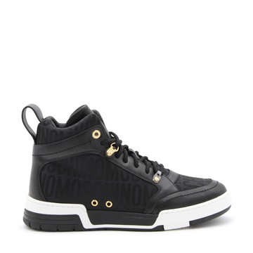 Moschino - Black Leather And Canvas Monogram Jacquard High Top Sneakers