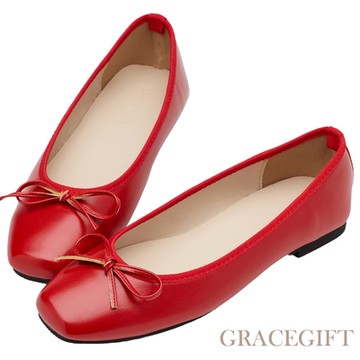 【Grace Gift】氣質女孩蝴蝶結芭蕾舞平底娃娃鞋 正紅
