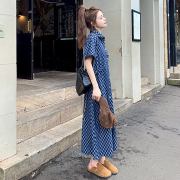 短袖連身裙襯衫牛仔洋裝女小個子法式復古格子休閒氣質長裙夏新款【倪醬】