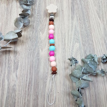 寶寶 嬰兒 安撫 木頭 奶嘴夾 奶嘴鍊-花朵-扁紋圓-深咖粉