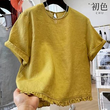 初色 棉麻風純色圓領五分袖寬鬆荷葉邊下襬襯衫T恤上衣女上衣-共3色-12913(M-2XL可選)