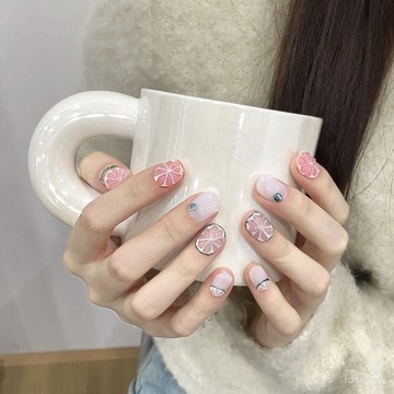 💟加一手工甲💅🏻【藝禾原創】穿戴甲假指甲手工指甲貼片香水立體西柚檸檬純手工穿戴甲 F0ZJ