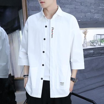 夏季男士短袖襯衫寬松工裝七分袖襯衣潮流薄款外套休閑長袖上衣服