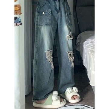 破洞牛仔褲女夏季薄款2022年新款設計感小眾高腰直筒垂感闊腿褲子