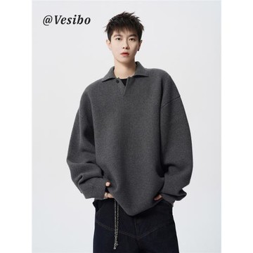 (免運)高級感POLO領毛衣外套男冬潮牌慵懶bf純色針織衫美式百搭情侶上衣