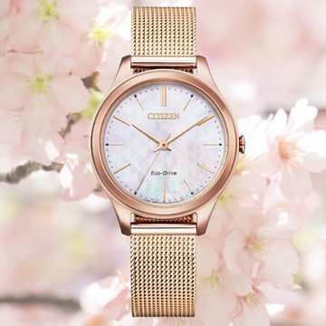 CITIZEN 星辰 LADYS 光動能 白蝶貝米蘭帶淑女腕錶-玫瑰金 EM0508-80Y