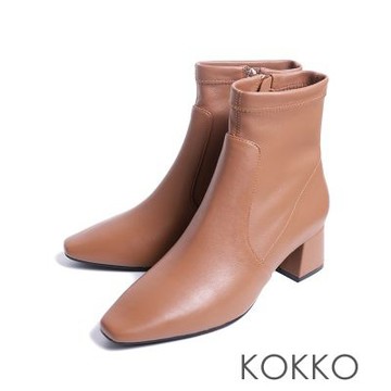 KOKKO俐落不平凡彈力親膚羊皮粗高跟短靴卡其色