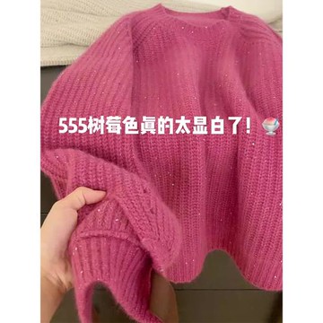 樹莓色仿浣熊絨亮片針織毛衣套頭女秋冬設計感小眾寬松溫柔風上衣