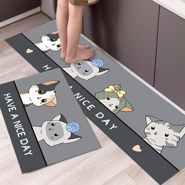 京太陽 卡通風廚房止滑吸水地墊 120 x 40cm 灰底貓咪 1個