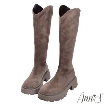 Ann’S真絲彈力絨-顯瘦100分V口厚底長靴4.5cm-杏