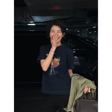 周浪清藍色純棉印花正肩短袖t恤女2026新款夏季寬松簡約圓領上衣