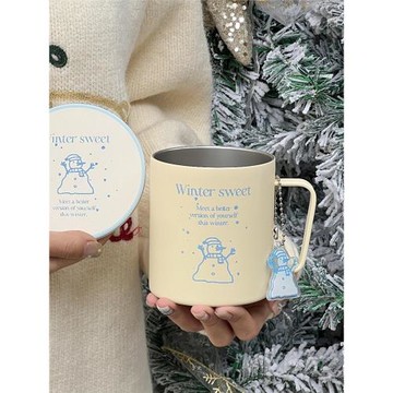 YOUNGFIREins韓風冬日雪人米色不銹鋼水杯保溫杯大容量帶蓋禮物